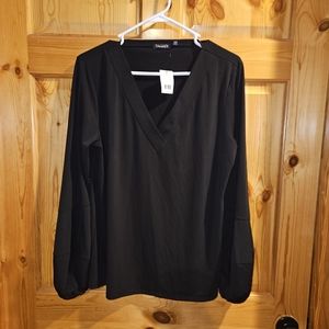 Nwt Tahari Blouse Solid Black Marcella women's size L cute puff sleeves $228